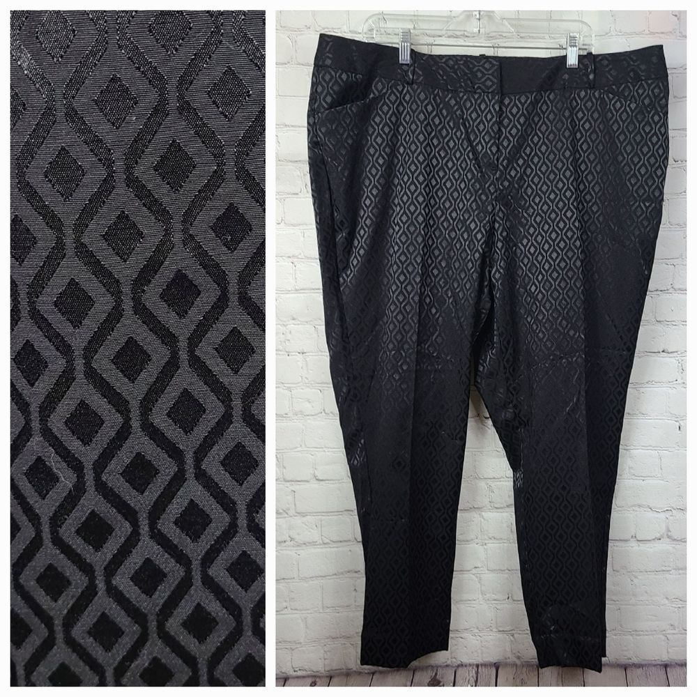 Worthington 20W Shiny Diamond Embossed Black Slim Leg High Waist Pant Trousers